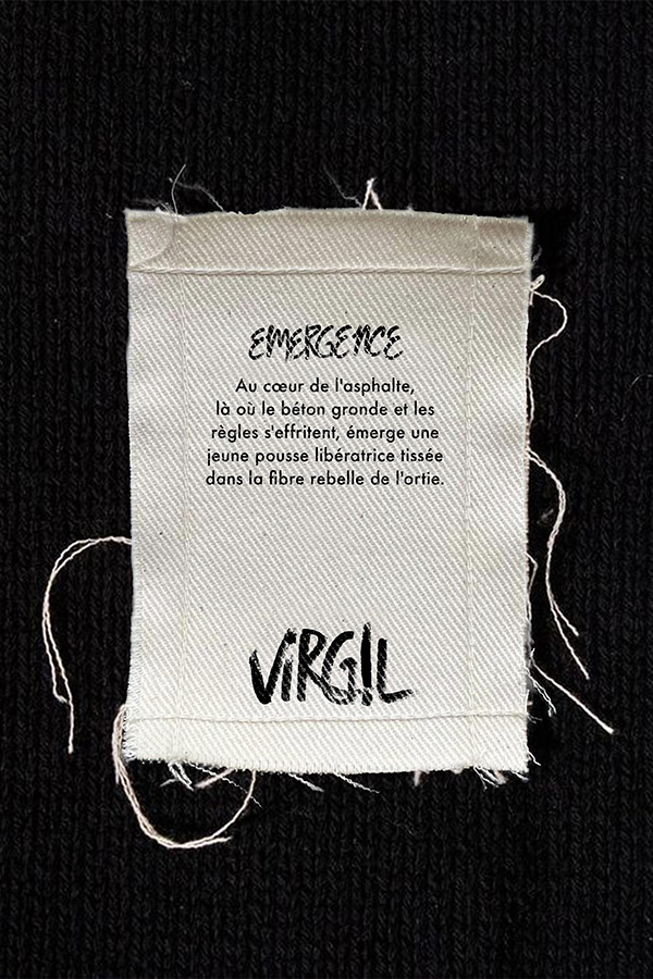 Étiquette textile qui présente la collection EMERGENCE de la marque Virgil